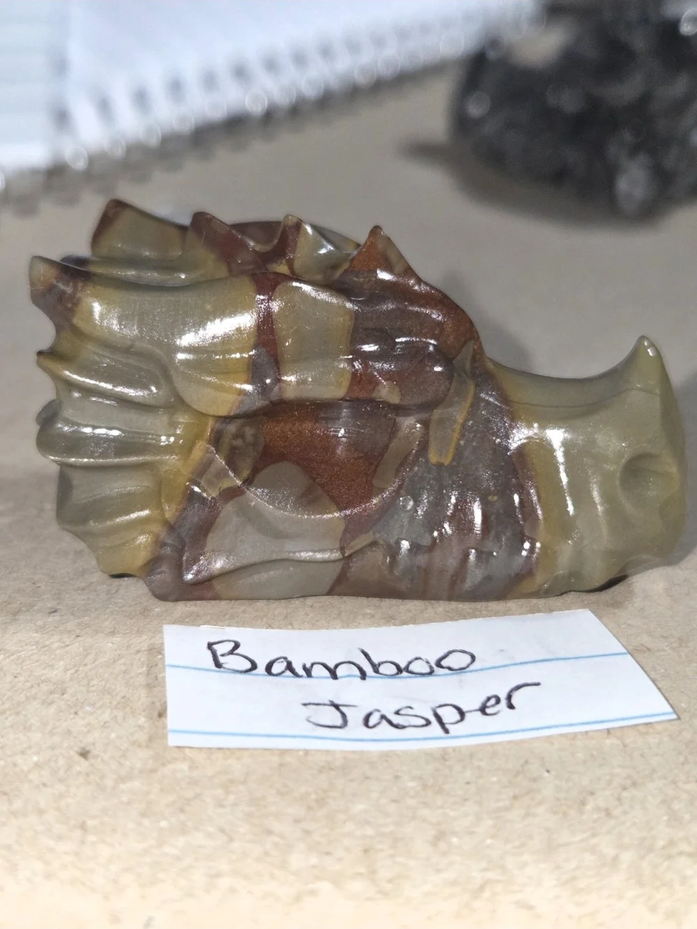Detailed Bamboo Jasper Crystal Carved Dragon Head Stone Sculpture Decor